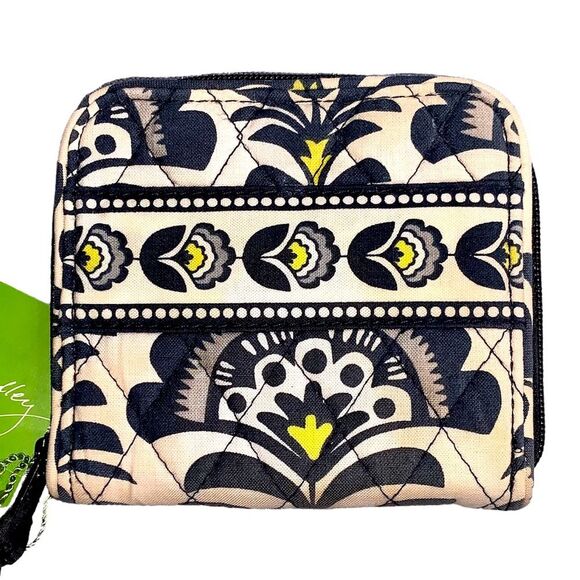 Vera Bradley Black Yellow and White Floral Print Zip-around Wallet - Picture 1 of 5